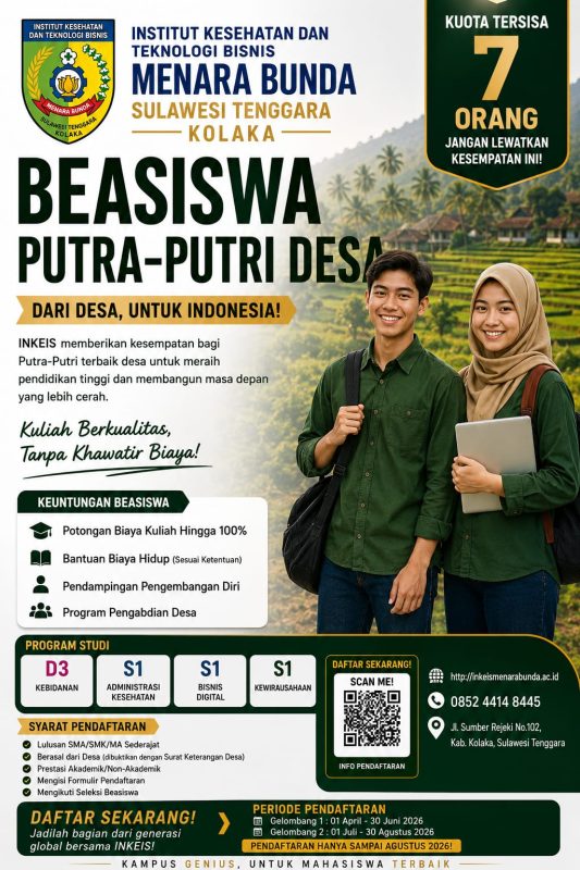 Kesempatan Terakhir! Kuota Beasiswa Putra-Putri Desa INKEIS Menara Bunda Sultra Tersisa 7 Kursi