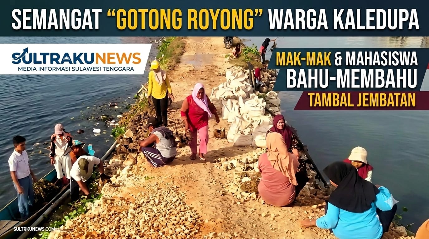 Semangat “Gotong Royong” Warga Kaledupa: Saat Mak-Mak hingga Mahasiswa Bahu-Membahu Tambal Jembatan Horuo–Mantigola