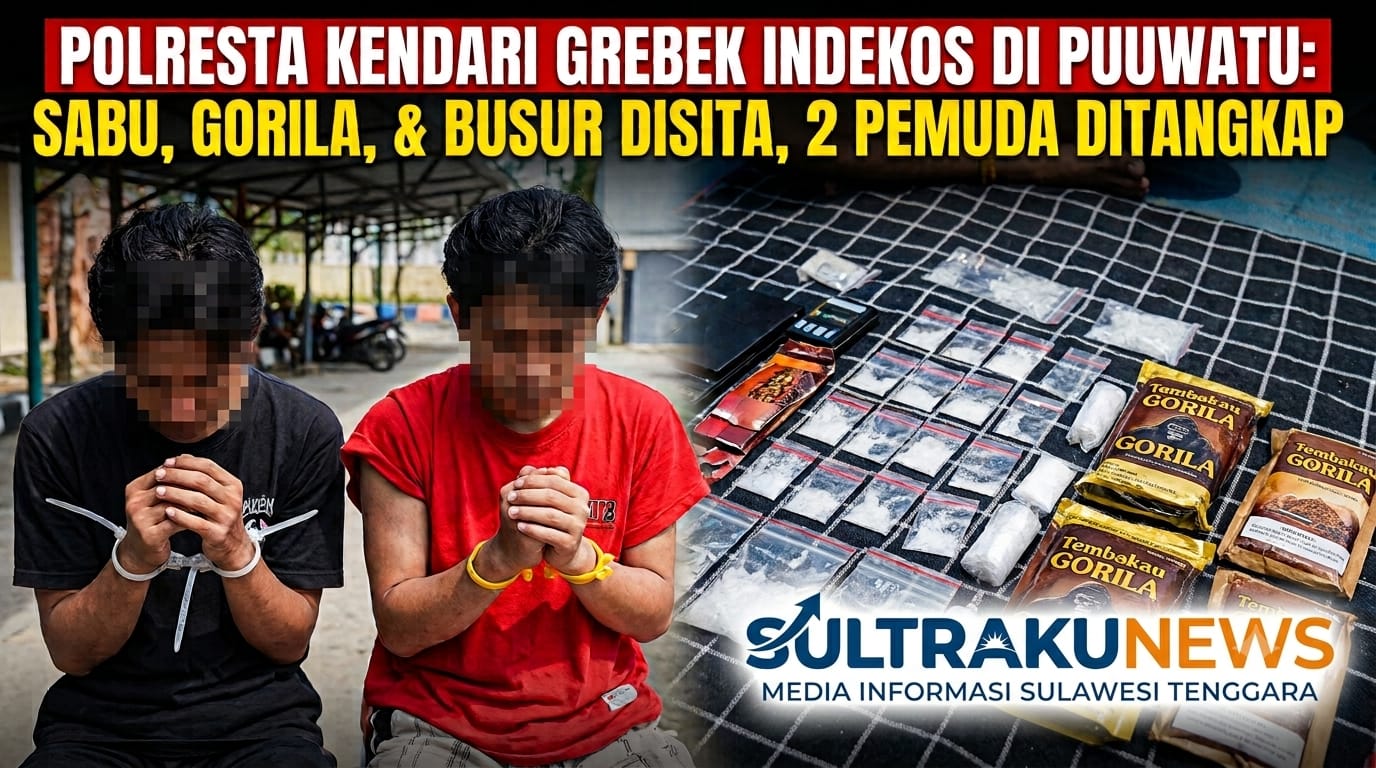 Polresta Kendari Penggerebek Indekos di Puuwatu, Dua Pemuda Ditangkap Bersama Sabu, Tembakau Gorila, dan Busur