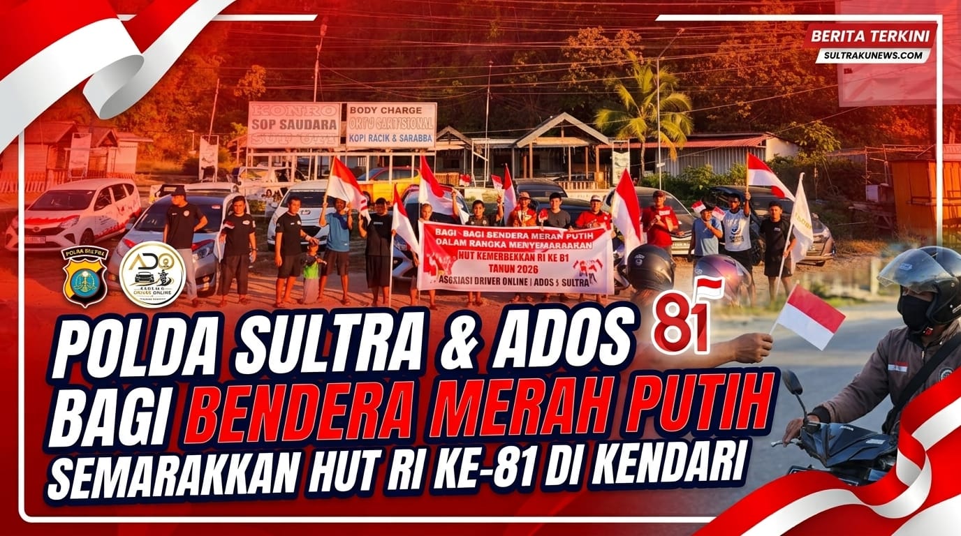 Polda Sultra Bersama ADOS,  Asosiasi driver online Sultra Bagikan Bendera Merah Putih Semarakkan HUT RI ke-81
