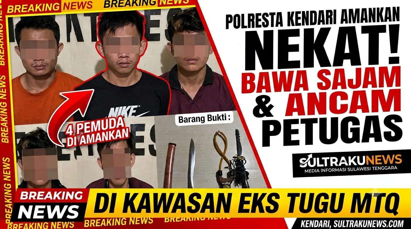 Polresta Kendari Amankan Empat Pemuda Pembawa Sajam di Kawasan Eks Tugu MTQ, Satu Pelaku Sempat Ancam Petugas